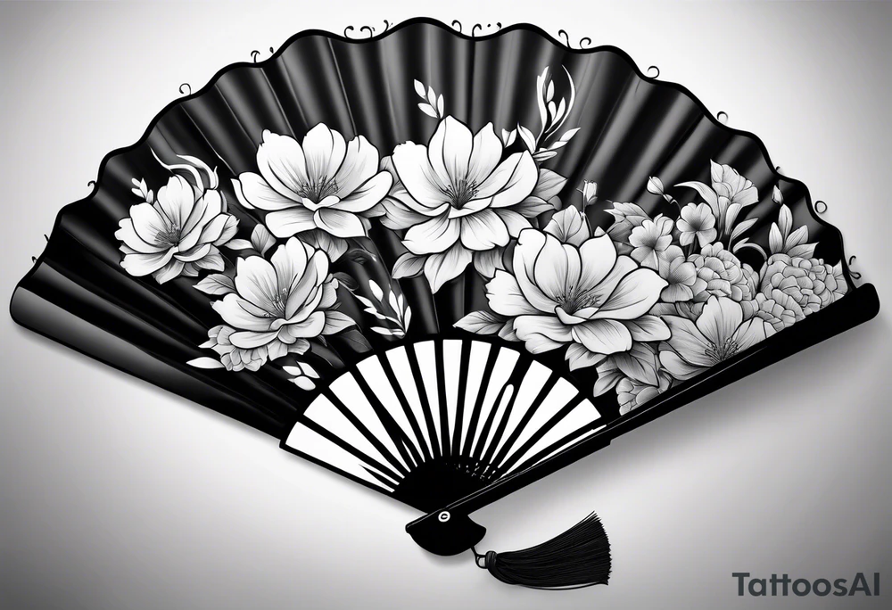 All Black Japanese fan with flowers behind it tattoo idea