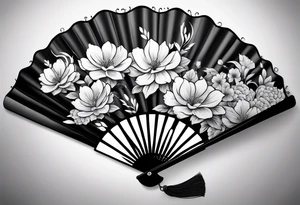 All Black Japanese fan with flowers behind it tattoo idea