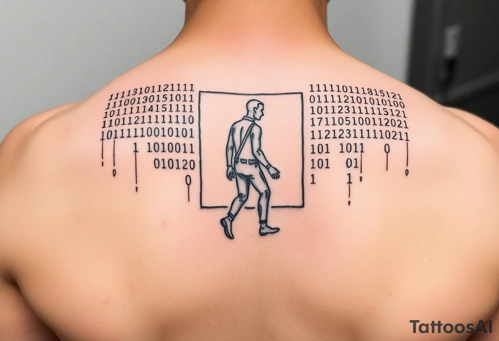 Tattoo of a person made of binary numbers walking into a terminal window tattoo idea