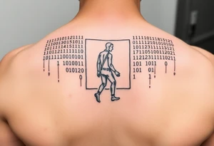 Tattoo of a person made of binary numbers walking into a terminal window tattoo idea