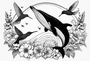 flowers, collage, whale and hummingbird tattoo idea