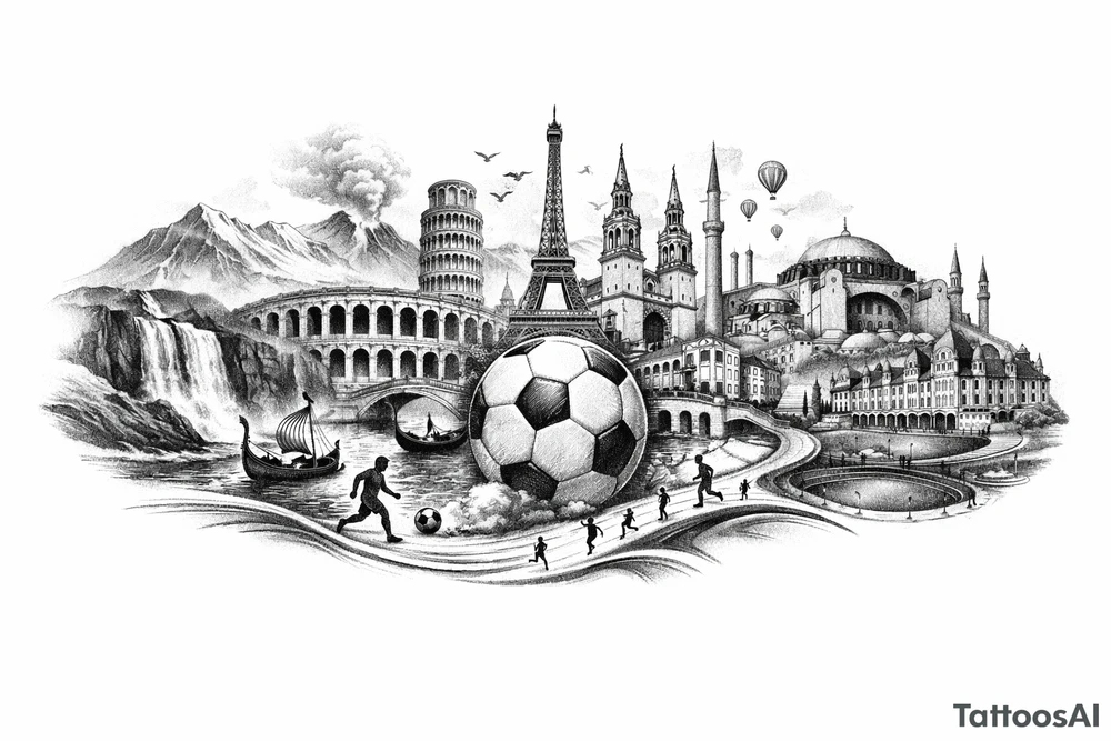 Iceland x3 (sindri, ibv, stjarnan) Italy x2 (Verona, Sassuolo) Spain (Logrono) Turkey x2 (Fenerbahce, Besiktas) Hungary (Fradi) France (Bordeaux) Something to do with football journey, surreal style to fit on arm forearm or inner bicep no crests just main attractions of each country tattoo idea