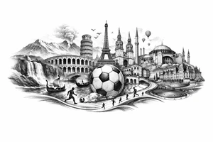 Iceland x3 (sindri, ibv, stjarnan) Italy x2 (Verona, Sassuolo) Spain (Logrono) Turkey x2 (Fenerbahce, Besiktas) Hungary (Fradi) France (Bordeaux) Something to do with football journey,  surreal style to fit on arm forearm or inner bicep no crests just main attractions of each country tattoo idea