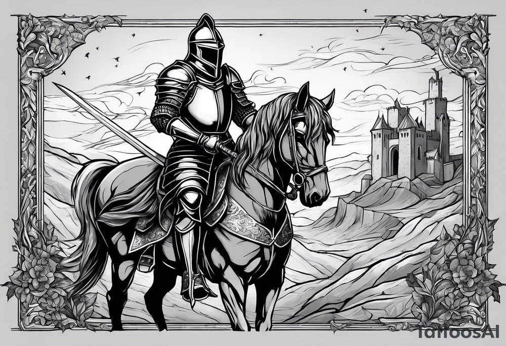 A knight in full armor except the helmet on the brink of death propping himself up with his sword on a seemingly bleak battlefield while still looking up with hope tattoo idea