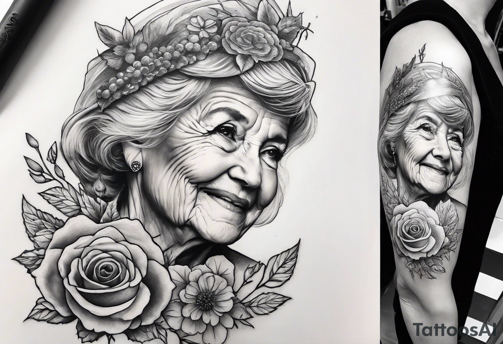 Memorial tattoo in honor of grandma containing an acorn and also angel tattoo idea