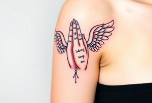Prayer hand with names mixing in angel wings tattoo idea