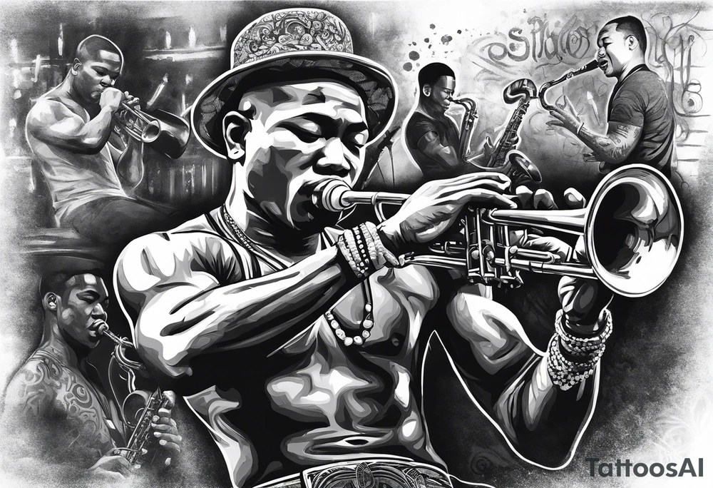 Muay Thai boxer with strong body is playing jazz on a Selmer tenor saxophone in an American jazz club front of a new orleans jazz trio band. The notes are coming out from the saxophone and turning into buddhist symbols. tattoo idea