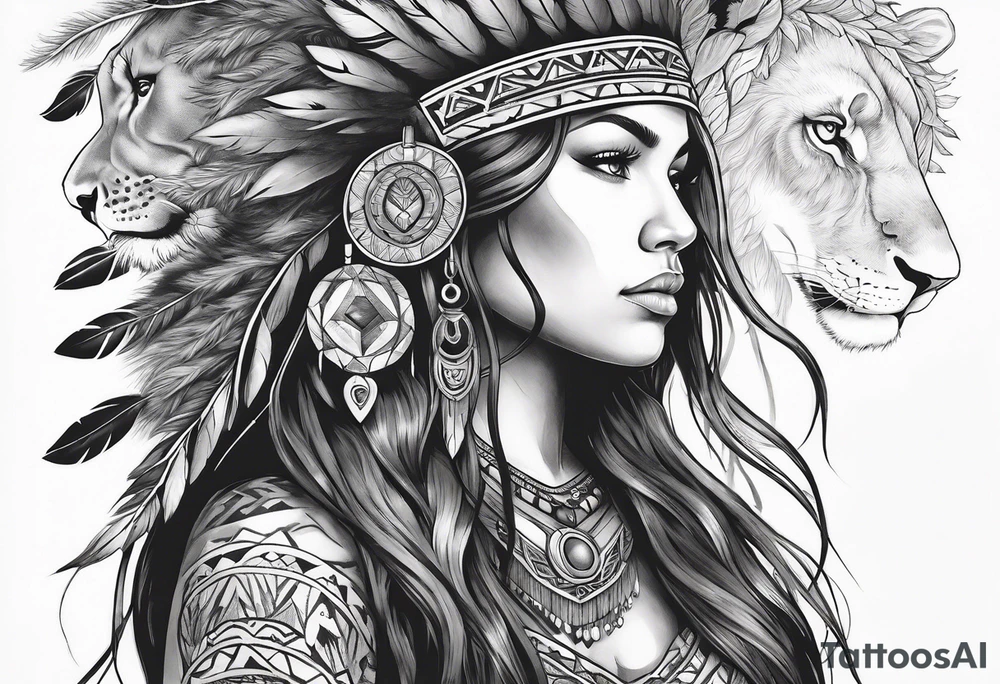 Native american Forest goddess looking down side profile  tree branches forming into her face male lions head facing her as to protect her middle arm sleeve tattoo idea