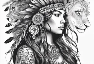Native american Forest goddess looking down side profile  tree branches forming into her face male lions head facing her as to protect her middle arm sleeve tattoo idea
