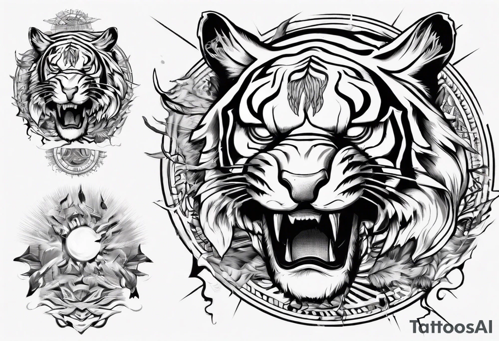 Ancient tiger with lightning and a sun for a forearm sleeve. With patterns surrounding it tattoo idea Ancient tiger with lightning and a sun for a forearm sleeve. With patterns surrounding it tattoo idea