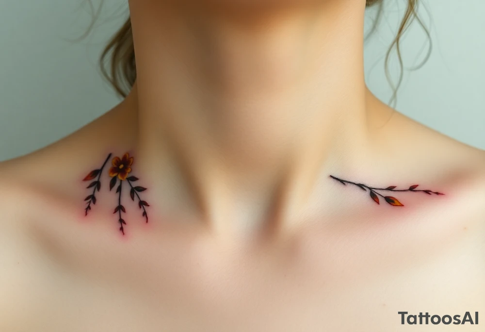 Two separate collarbone tattoos of long, thin stems and branches covered with red, orange, yellow and dark forest green leaves and flowers, muted and light, delicate and gentle but moody, long and thin, following the collarbone. tattoo idea