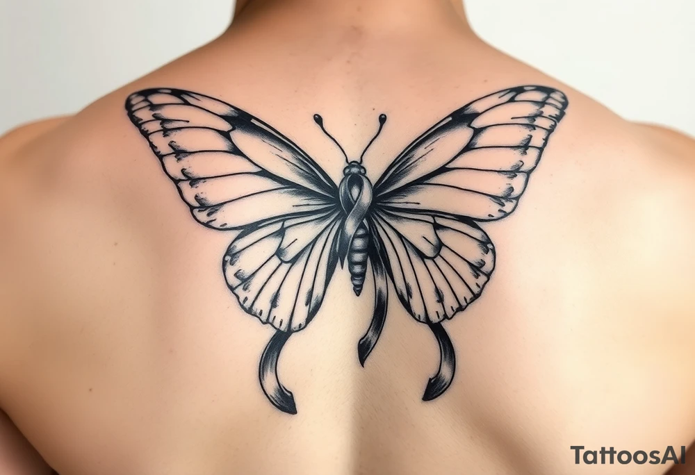 ethereal butterfly with flowing silk HIV-positive symbol ribbons in moonlight tattoo idea
