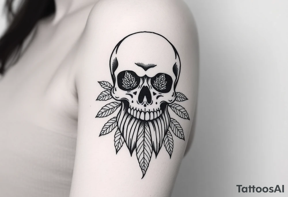 "Create a bold, black-and-white illustration of a stylized skull with intricate detailing. Incorporate cannabis leaves extending downward like a beard and marijuana buds filling the eye sockets. Ensure the design is symmetrical, high-contrast, and resembles a tattoo-style artwork with sharp, clean lines." tattoo idea