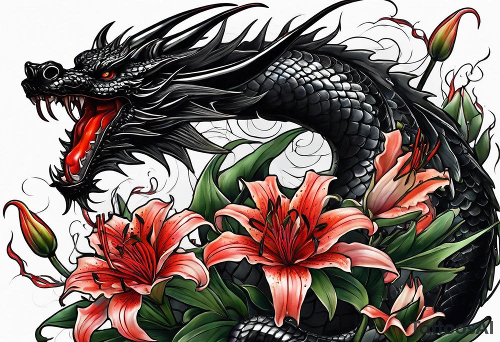 Black dragon surrounded by lightning. Red spider Lillies. tattoo idea