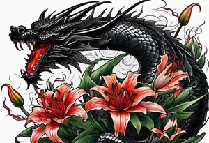 Black dragon surrounded by lightning. Red spider Lillies. tattoo idea