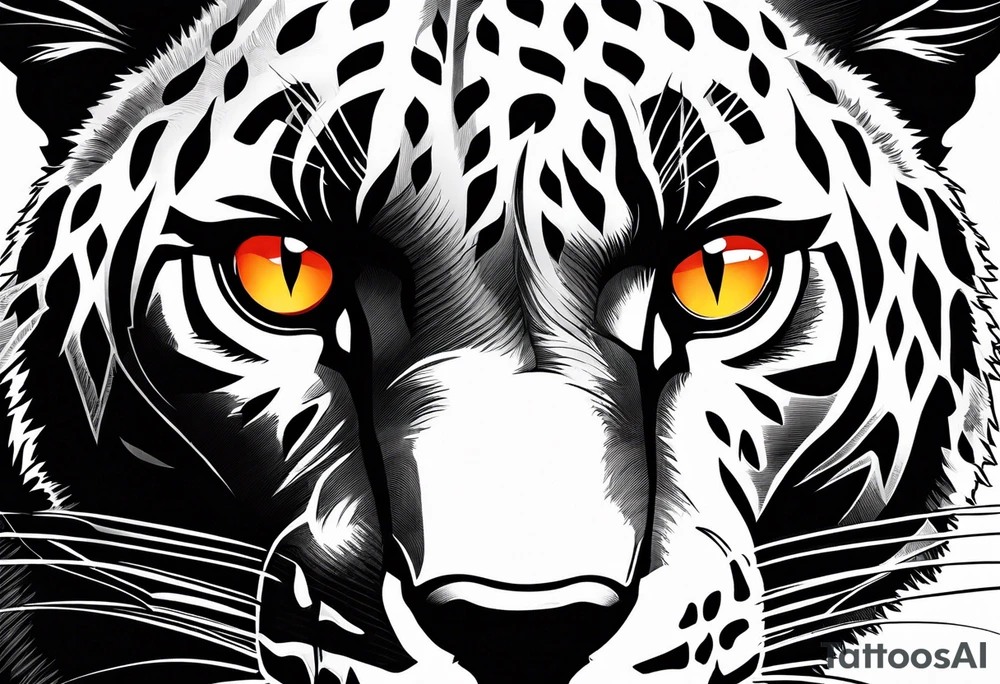 Facial of an angry panther with red-orange eyes tattoo idea