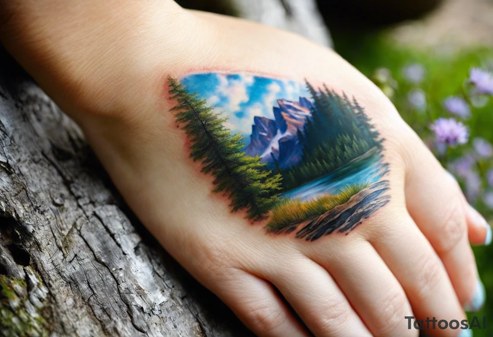 I want a large tattoo with a super realistic paw print, within the paw print I want a landscape and I want it to be lifelike texture and shading, especially on the nails. Inside the paw print, there's a detailed nature scene: mountains, a lake, a stream, and southern oak trees with wide canopies like a traditional southern background. Keep the peeks of the mountains soft. The sun peeks over the mountains, shining and reflecting over the land and water, with realistic shading for depth. Around the paw print, l'd like a splotchy, fading background for a natural, textured look, but without any animals. The overall style should be detailed and realistic, with strong shading and dimension. No color and very realistic in the paw. tattoo idea