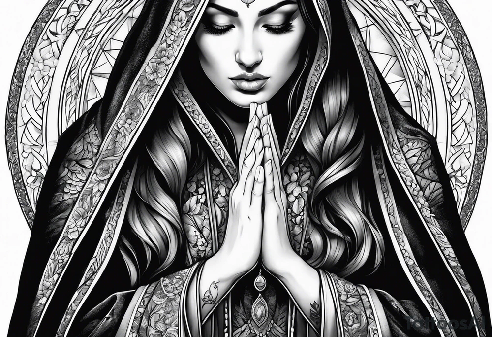 Woman in cloak praying hands side view tattoo idea