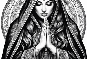 Woman in cloak praying hands side view tattoo idea
