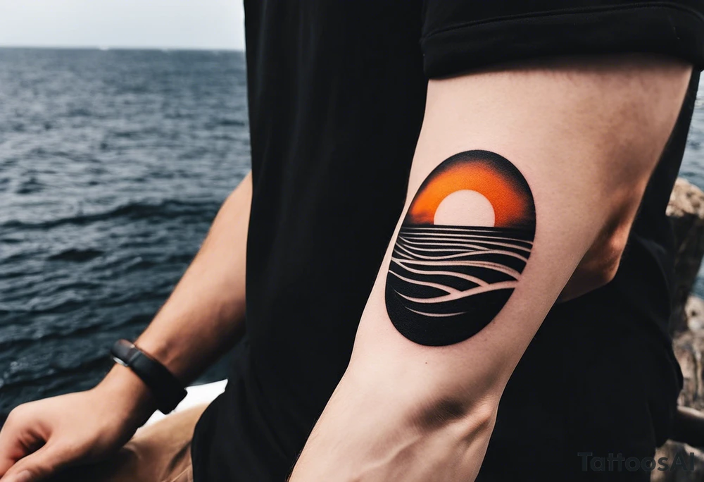 This is an extremely simple and minimalistic tattoo on male forearm. It is black and white with minuscule splashes of orange from the sun. The tattoo 4 inches wide by 2 inches tall. From the perspective of being on the ocean, Water is calm, with no waves in sight, the sun is setting behind the ocean, reflecting light onto the water. The water has shading. tattoo idea