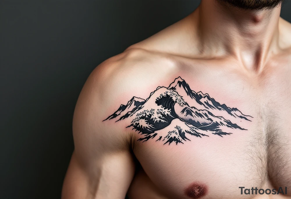 A fine-line black and gray wave flows into a mountain silhouette on the upper arm. tattoo idea