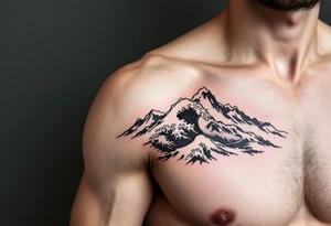 A fine-line black and gray wave flows into a mountain silhouette on the upper arm. tattoo idea