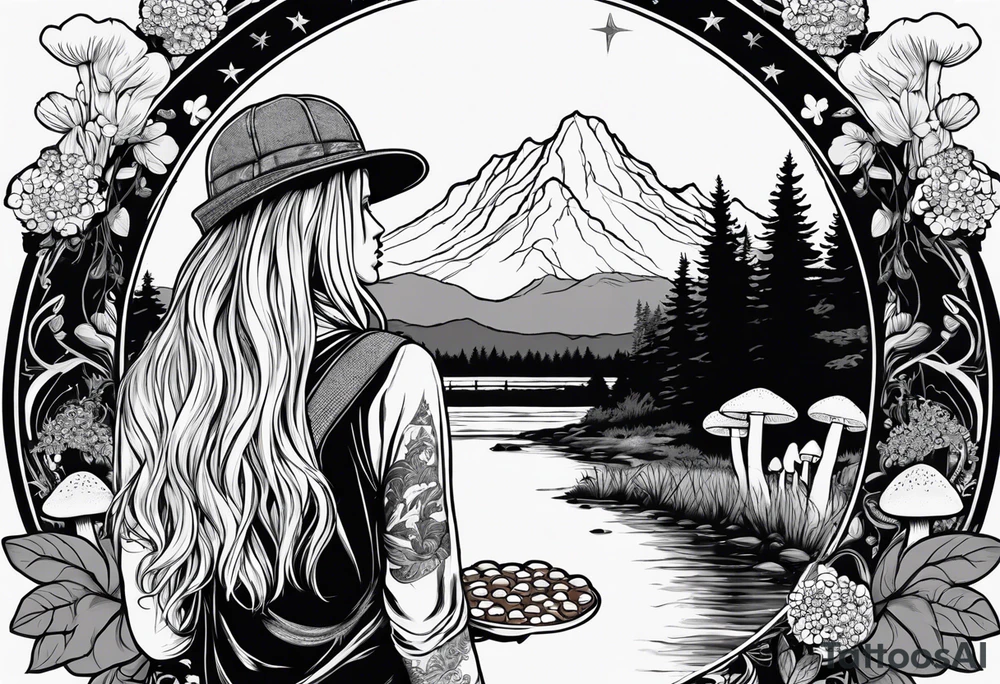Whole picture encircled fully

Straight long blonde hair hippie girl in distance holding mushrooms in hand facing away toward mountains and creek surrounded by mushrooms long sleeve shirt and hiking pants; whole rendering within a full circle, no cut off circle tattoo idea