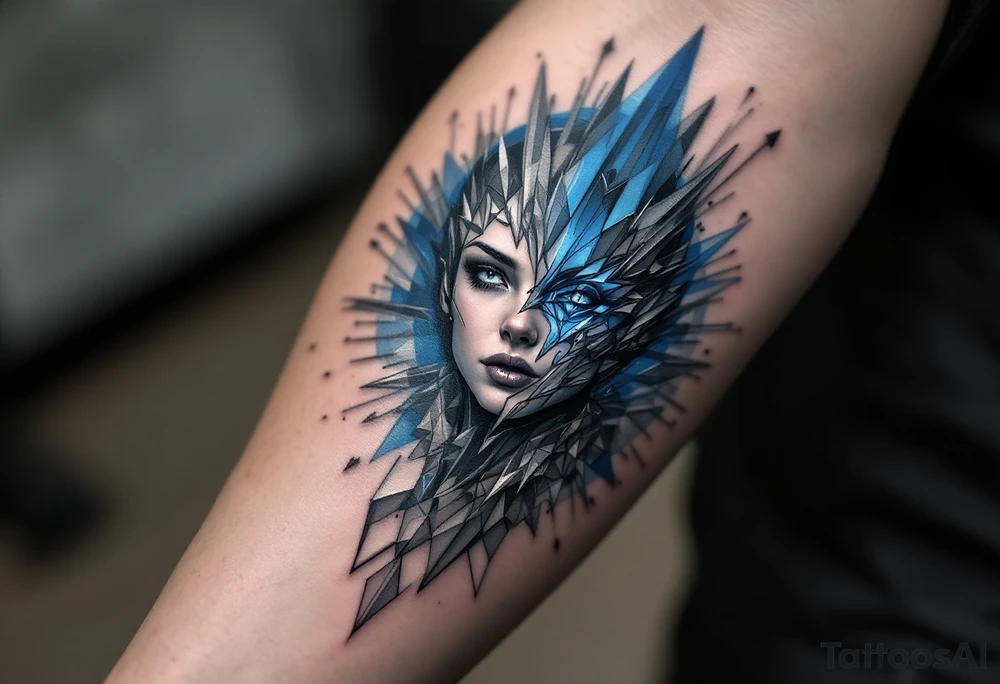 Jeanine’s cold, calculating nature captured through a geometric fractal design, with sharp lines extending outward from her figure. The background features shades of cool blue and silver, representing logic and control. Cool blue, silver, gray. tattoo idea