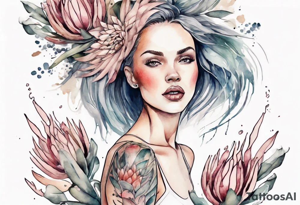 Very feminine tattoo with a woman dancing in a wind of protea flowers tattoo idea