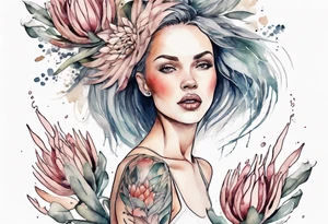 Very feminine tattoo with a woman dancing in a wind of protea flowers tattoo idea