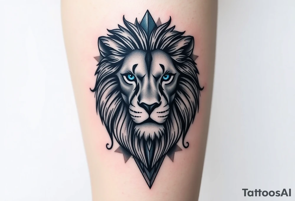Half vertical Lions face with big flowy mane in a more realism style. Placement is on the back of the leg. The other half blends elements of curiosity and exploration through nature elements (forest, water, etc). Also add in geometric patterns around the lion. Make the eyes blue. Hide the date 03.12.2025 in Roman numerals somewhere in the geometric patterns. Think real hard and creatively tattoo idea