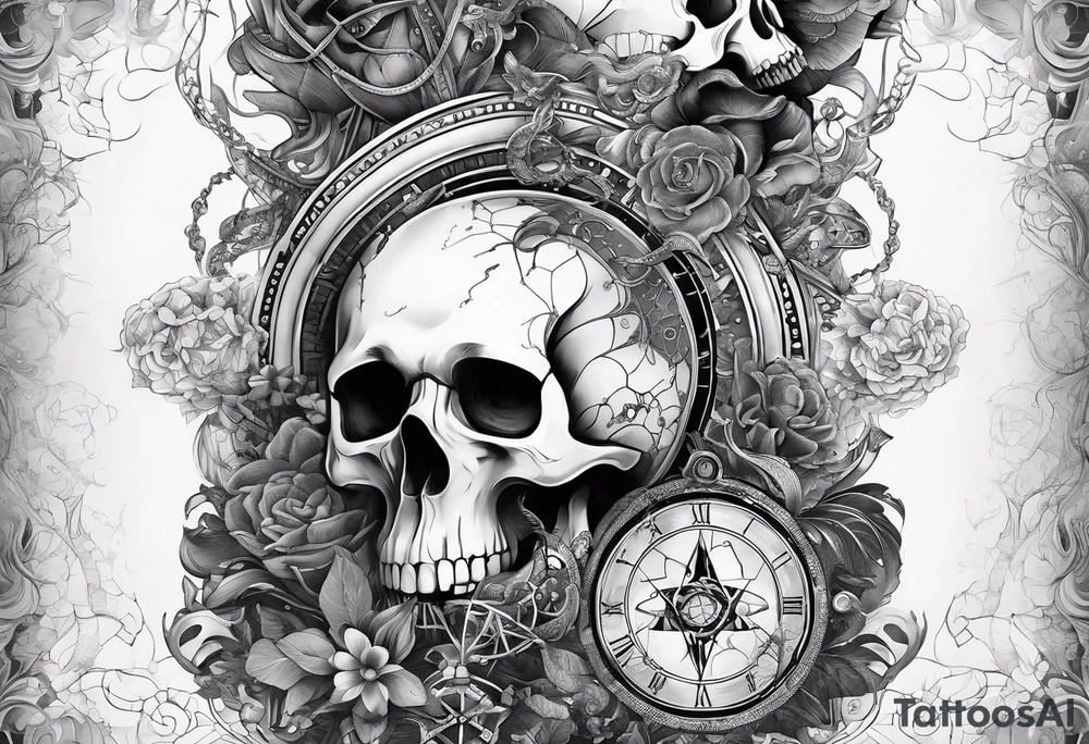 back and sleeve tattoo including chemistry, skulls, roller coaster track, space and stars tattoo idea