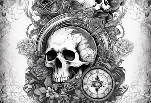 back and sleeve tattoo including chemistry, skulls, roller coaster track, space and stars tattoo idea