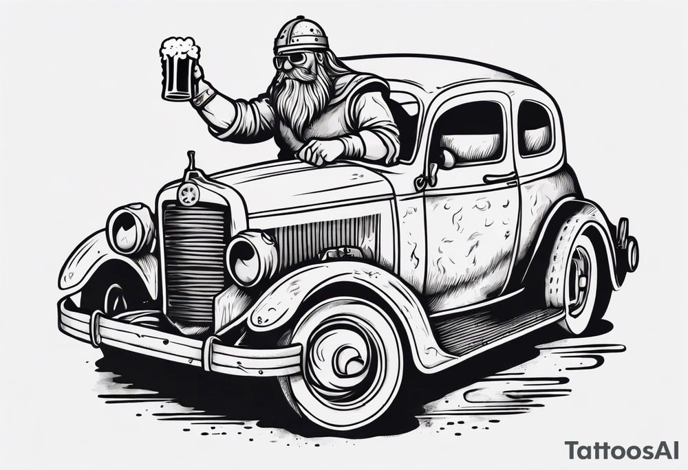 A Viking driving a vintage car drinking a beer tattoo idea A Viking driving a vintage car drinking a beer tattoo idea