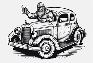 A Viking driving a vintage car drinking a beer tattoo idea