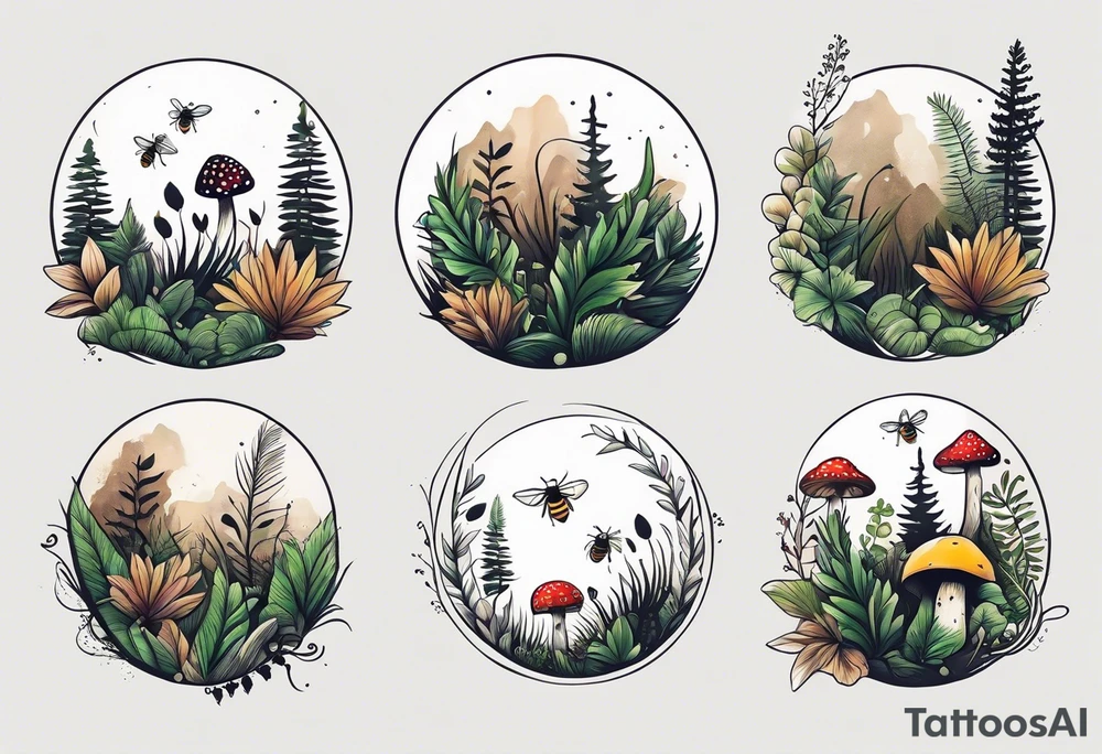 forest floor inspired minimalist tattoo, which includes grass, curly ferns, moss and dead leaves as the bulk of the tattoo. details to include: forest berries, a tiny bumblebee flying nearby, three small brown mushrooms
Generate a vertically long one tattoo idea