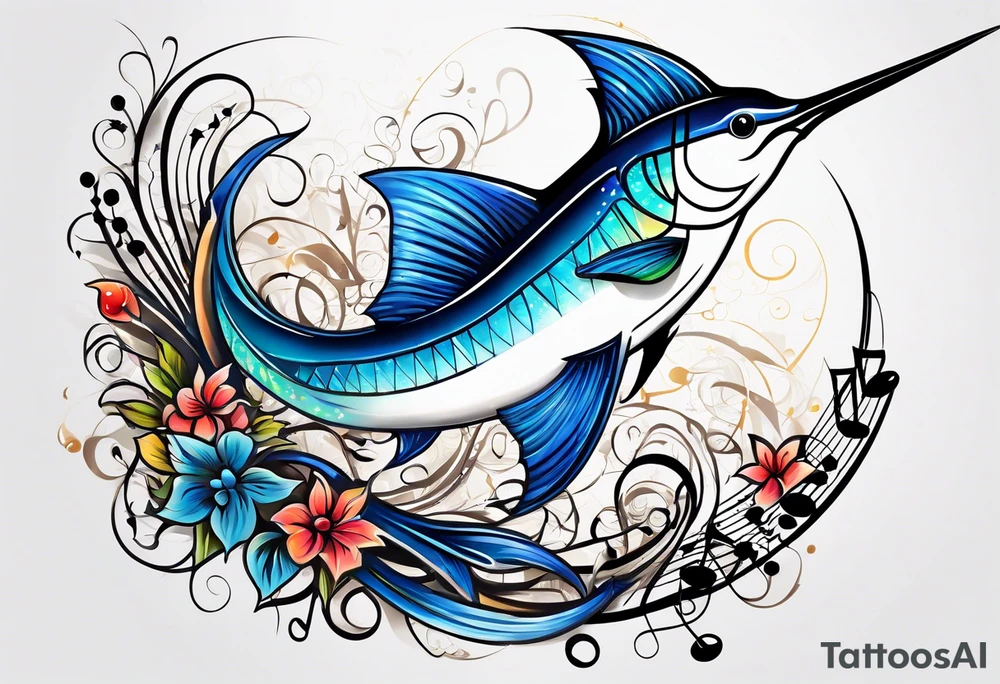 Marlin, musical notes, peace tattoo idea
