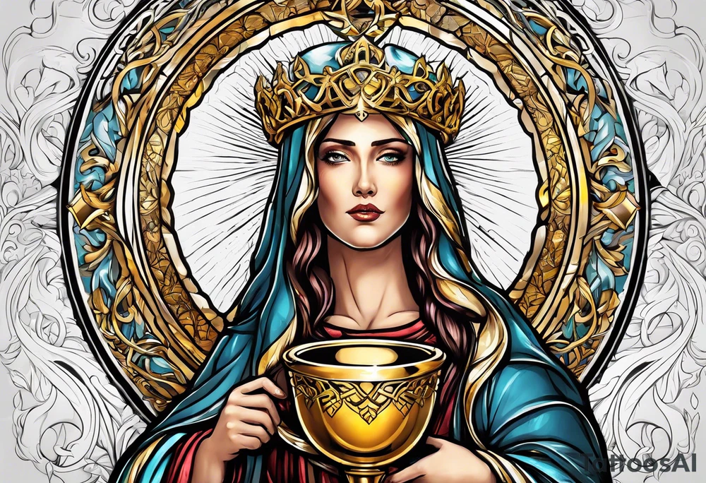 holy saint woman with golden halo holding a chalice tattoo idea