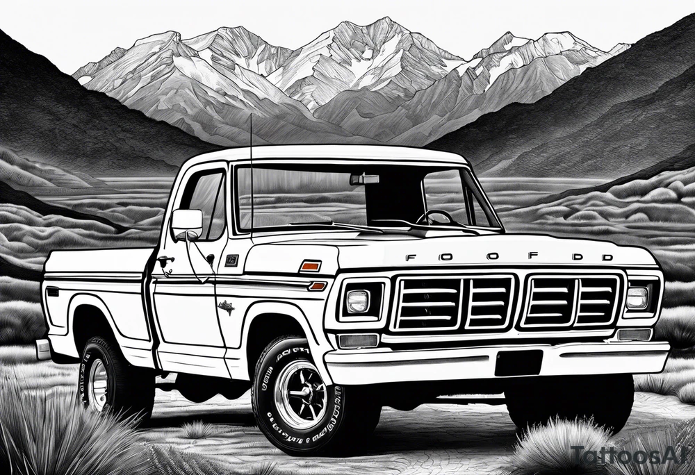 1974 ford f-100 in front of mountains tattoo idea