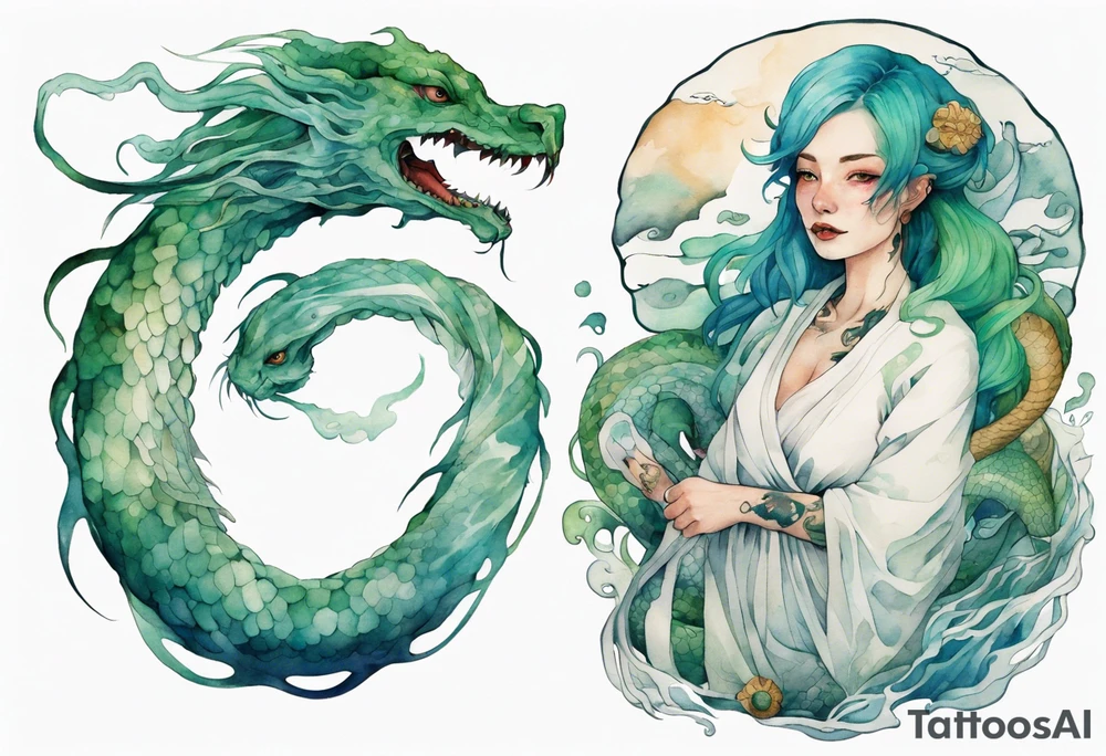 a sea serpent next to an Irish woman with blue-green hair wearing a white tunic tattoo idea