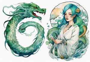 a sea serpent next to an Irish woman with blue-green hair wearing a white tunic tattoo idea