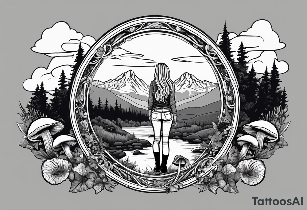 Whole picture encircled fully

Straight long blonde hair hippie girl in distance holding mushrooms in hand facing away toward mountains and creek surrounded by mushrooms long sleeve shirt and hiking pants; whole rendering within a full circle, no cut off circle tattoo idea
