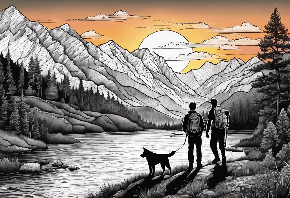 nature, sunset, mountains, a father and son hiking with their dog and cat by the water tattoo idea