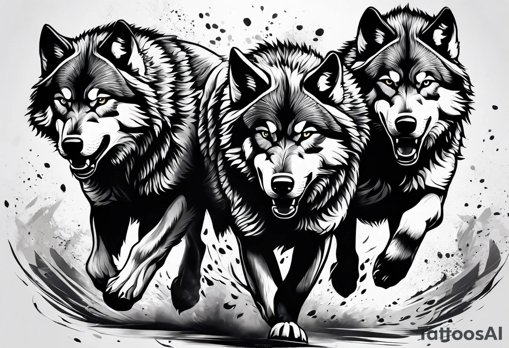 a pack muscular of wolves running together tattoo idea