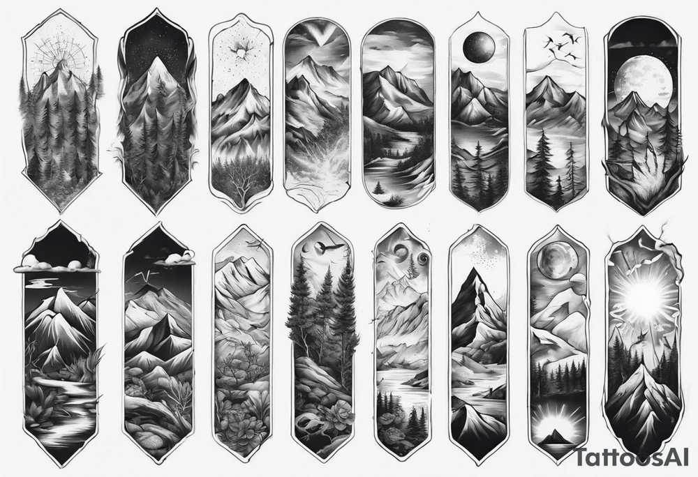 men’s arm sleeve mountains branches tattoo idea