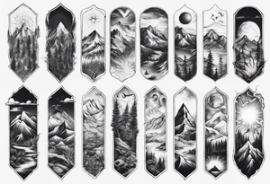 men’s arm sleeve mountains branches tattoo idea