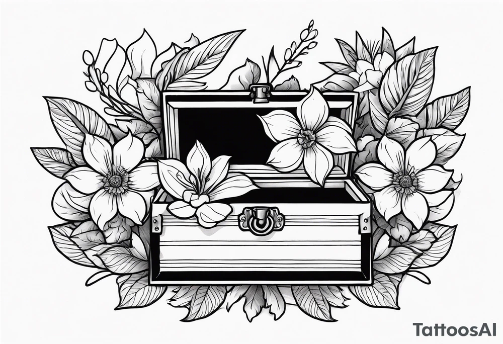 An sailor Jerry style tattoo of a vintage cigar box surrounded by traditional flowers tattoo idea