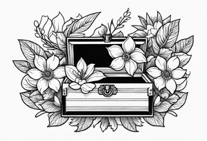 An sailor Jerry style tattoo of a vintage cigar box surrounded by traditional flowers tattoo idea