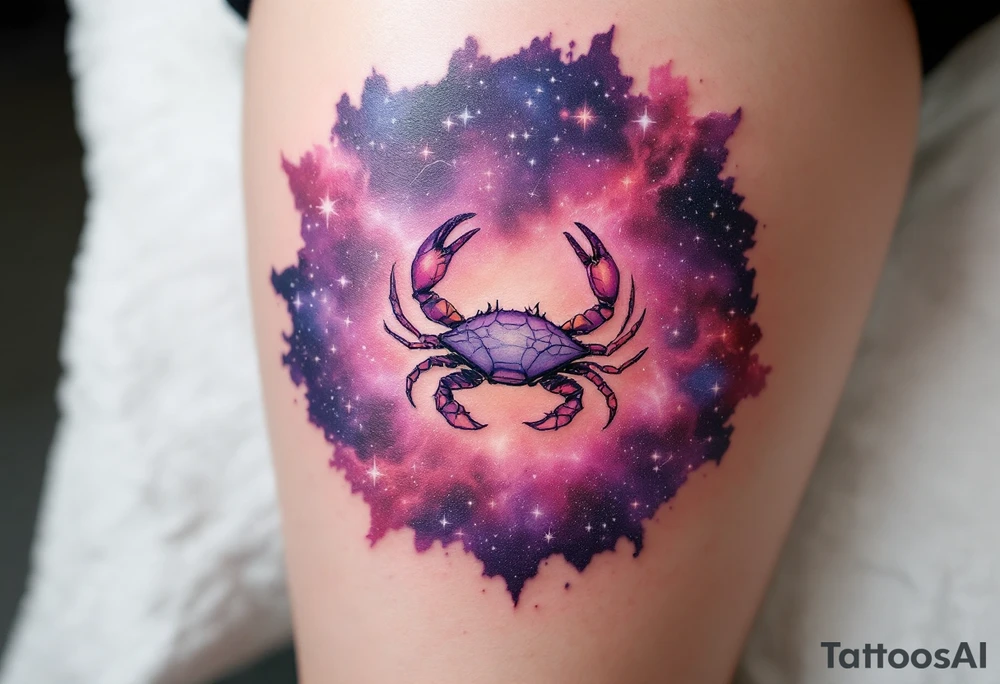 A pale crab silhouette floats within an ethereal pink and violet galaxy containing the Cancer stars constellation above tattoo idea