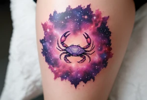 A pale crab silhouette floats within an ethereal pink and violet galaxy containing the Cancer stars constellation above tattoo idea